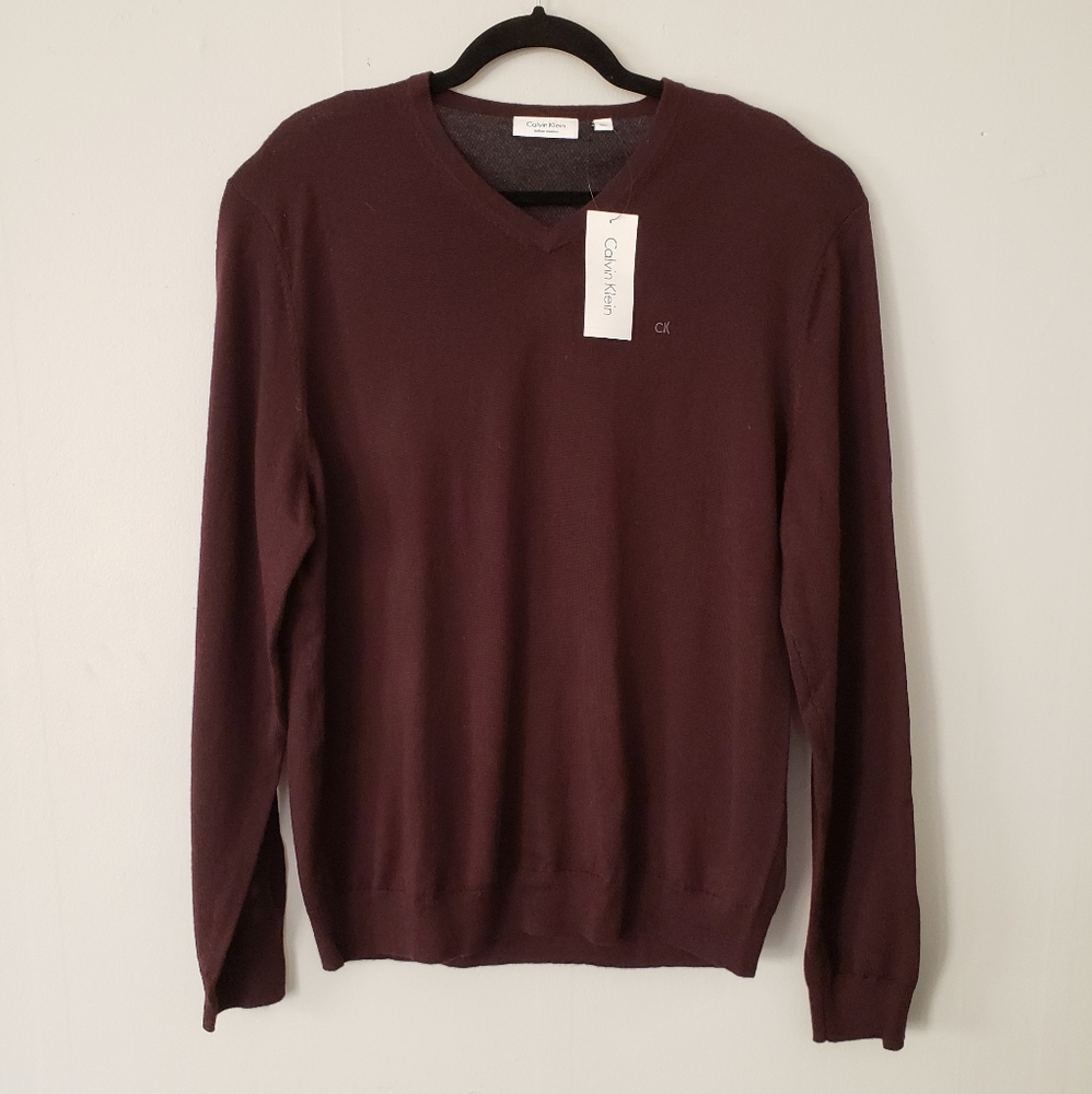 NWT CK Maroon Italian Merino V Neck Sweater